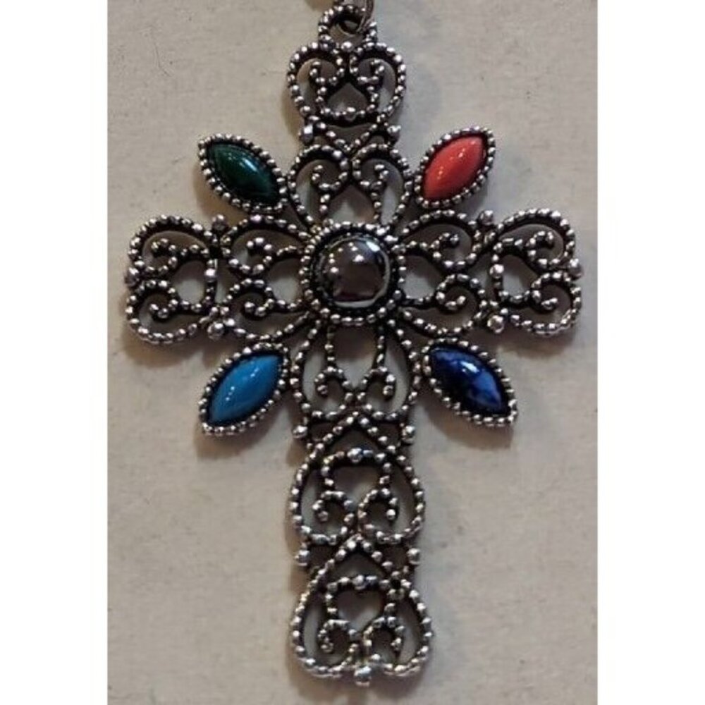 Vintage Estate Large Avon Silver Tone Cabochon Cross Pendant Necklace 24" - Picture 5 of 8